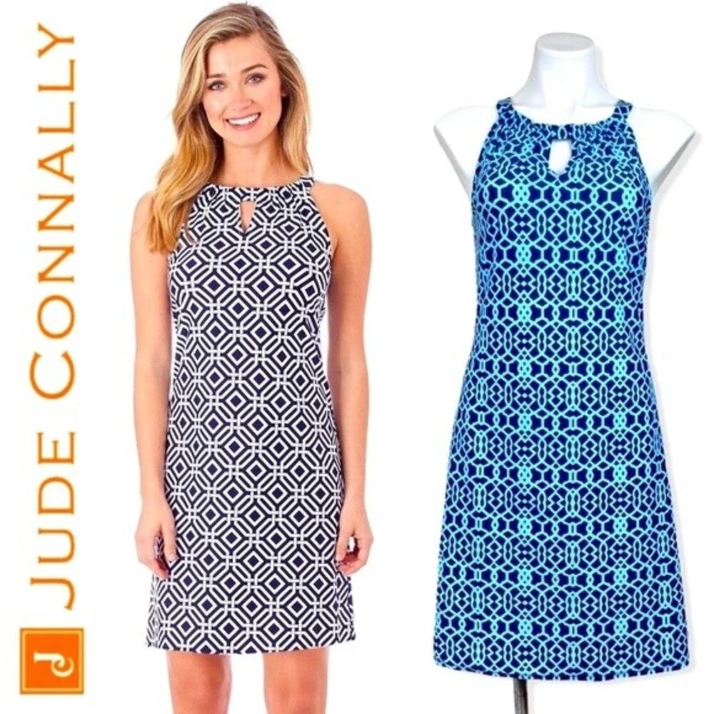 Jude Connally Lisa Blue Print Halter Dress S Coastal Sun Summer Beach Preppy - Picture 1 of 10